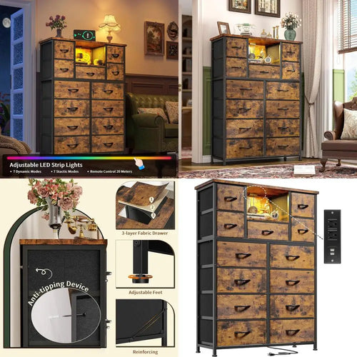 13-Drawer Bedroom Dresser with LED Lights and 4 Charging Ports, 47 High Chest with Open Shelves, Ideal for Hallway or Entryway,